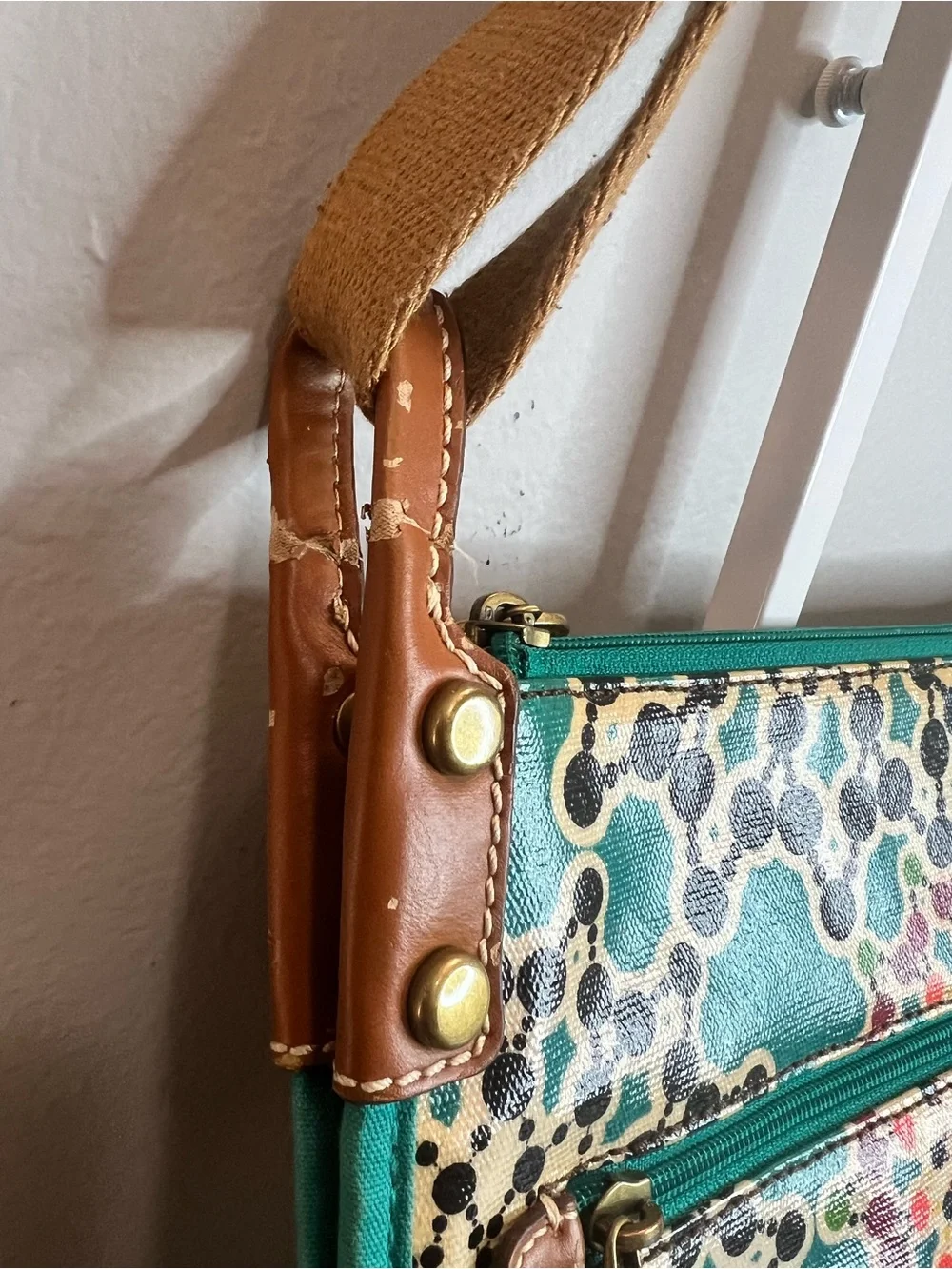 Fossil Teal Multicolor Floral Pattern Crossbody Bag coated canvas